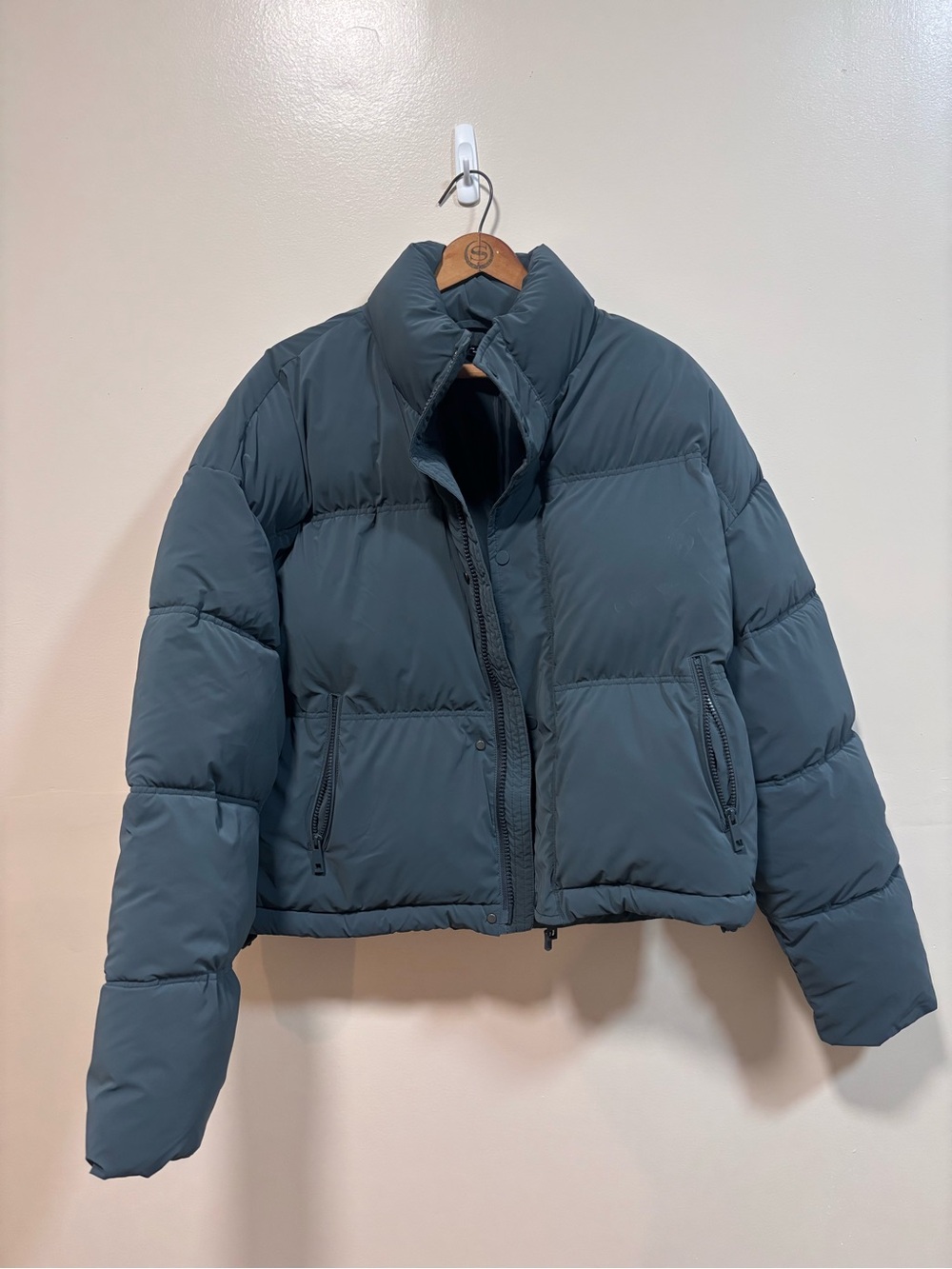 Zara Cropped Puffer Jacket in Slate Blue-Green M